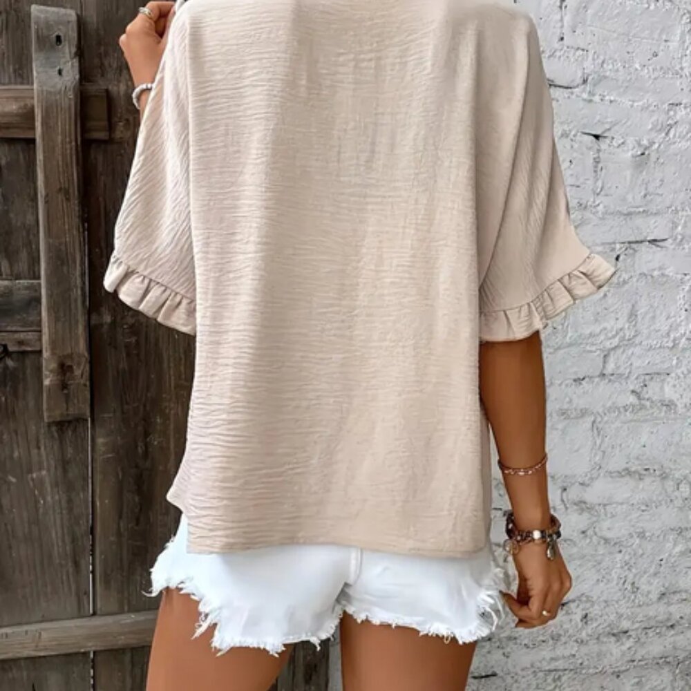 Women'S Casual Beige Button-Up Blouse with Ruffled Hem - Picture 3 of 7